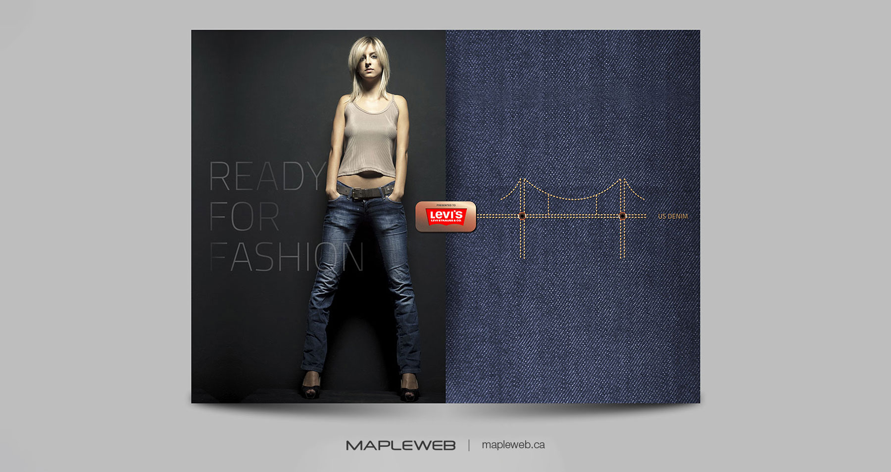 Us Denim Brand design by Mapleweb Standing Girl Wearing Brown Shirt and Blue Pants